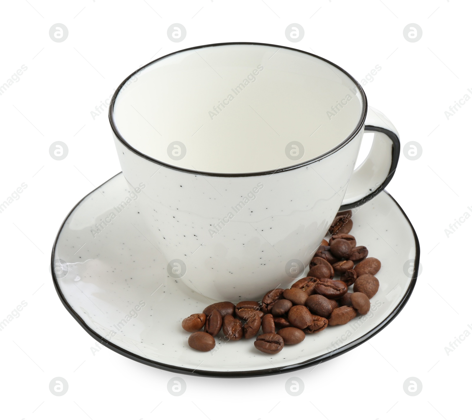 Ceramic cup with roasted coffee beans isolated on white Photo of Ceramic cup with roasted coffee beans isolated on white