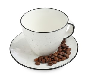 Photo of Ceramic cup with roasted coffee beans isolated on white