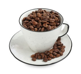 Photo of Ceramic cup with roasted coffee beans isolated on white