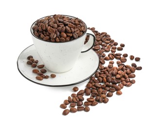 Photo of Ceramic cup with roasted coffee beans isolated on white