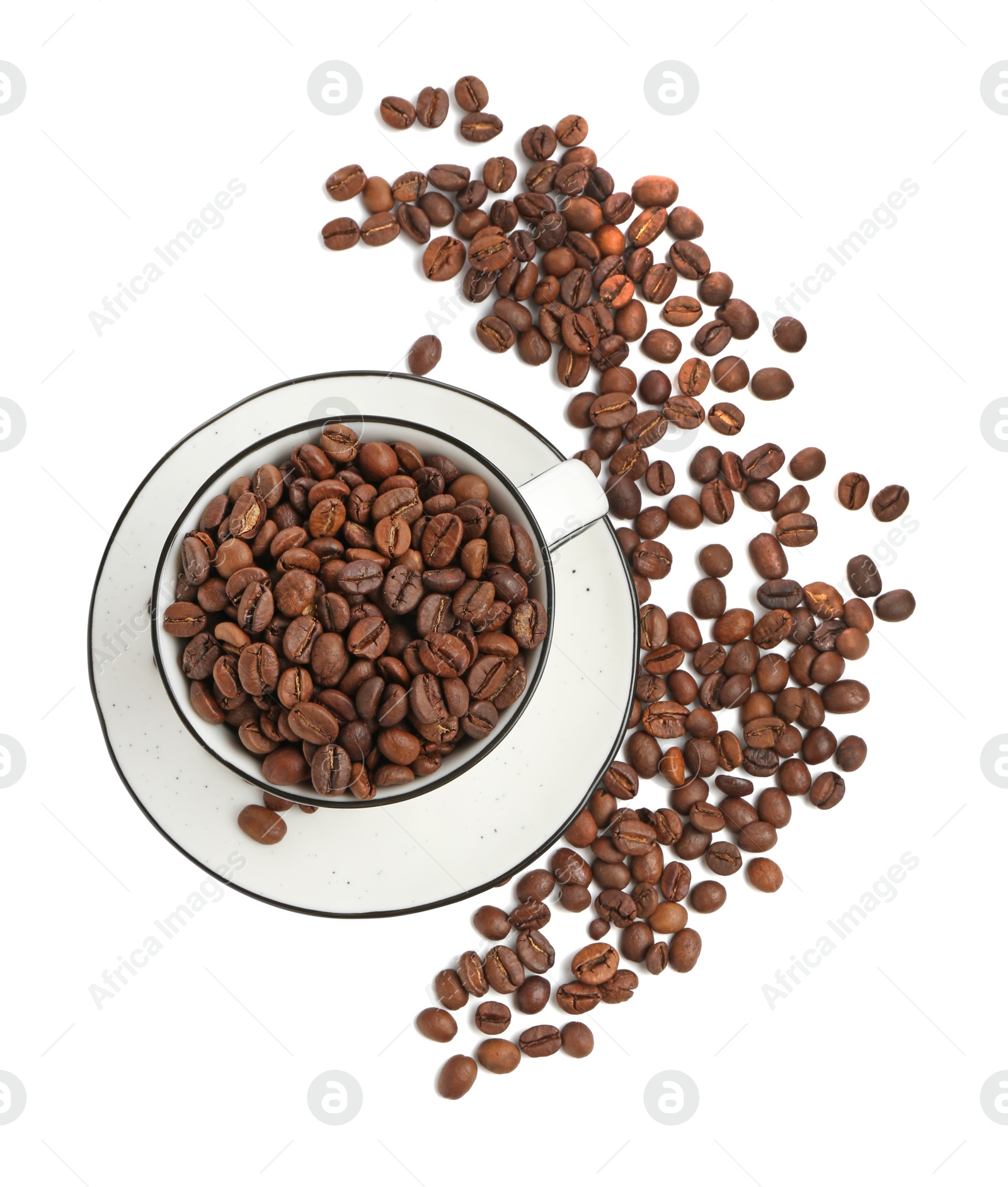 Ceramic cup with roasted coffee beans isolated on white, top view Photo of Ceramic cup with roasted coffee beans isolated on white, top view