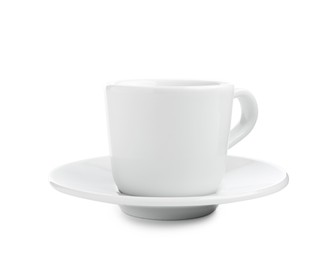 Photo of Empty coffee cup with saucer isolated on white