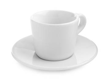Photo of Empty coffee cup with saucer isolated on white