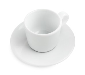 Photo of Empty coffee cup with saucer isolated on white