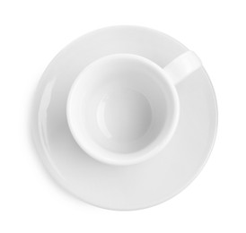 Photo of Empty coffee cup with saucer isolated on white, top view