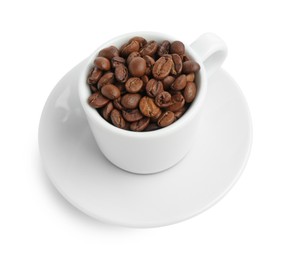 Photo of Ceramic cup with roasted coffee beans isolated on white