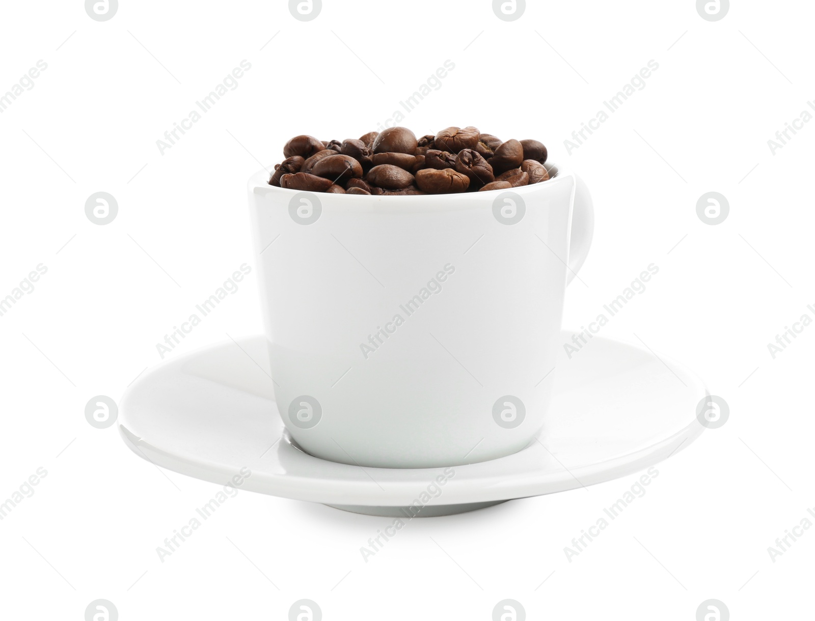 Ceramic cup with roasted coffee beans isolated on white Photo of Ceramic cup with roasted coffee beans isolated on white