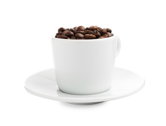 Photo of Ceramic cup with roasted coffee beans isolated on white
