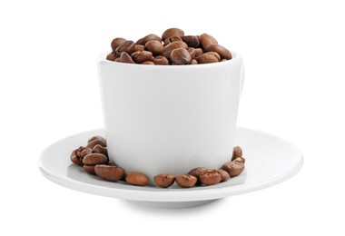 Photo of Ceramic cup with roasted coffee beans isolated on white