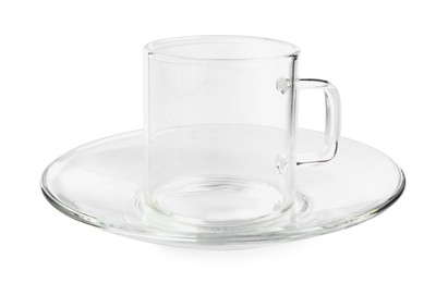 Photo of Empty coffee cup with saucer isolated on white