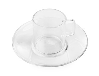 Photo of Empty coffee cup with saucer isolated on white