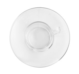 Photo of Empty coffee cup with saucer isolated on white, top view