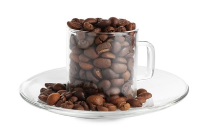 Photo of Glass cup with roasted coffee beans isolated on white