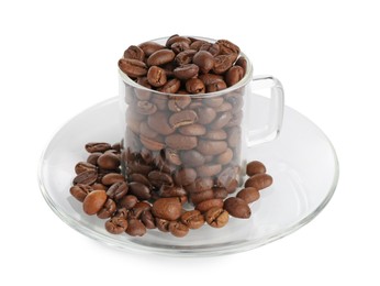 Photo of Glass cup with roasted coffee beans isolated on white
