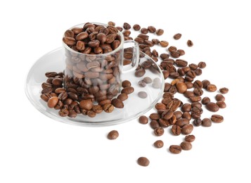 Photo of Glass cup with roasted coffee beans isolated on white