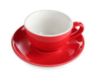 Photo of Empty coffee cup with saucer isolated on white
