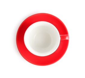 Photo of Empty coffee cup with saucer isolated on white, top view