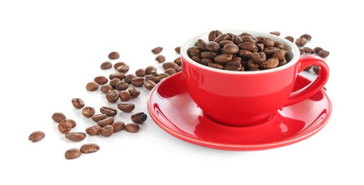Photo of Ceramic cup with roasted coffee beans isolated on white
