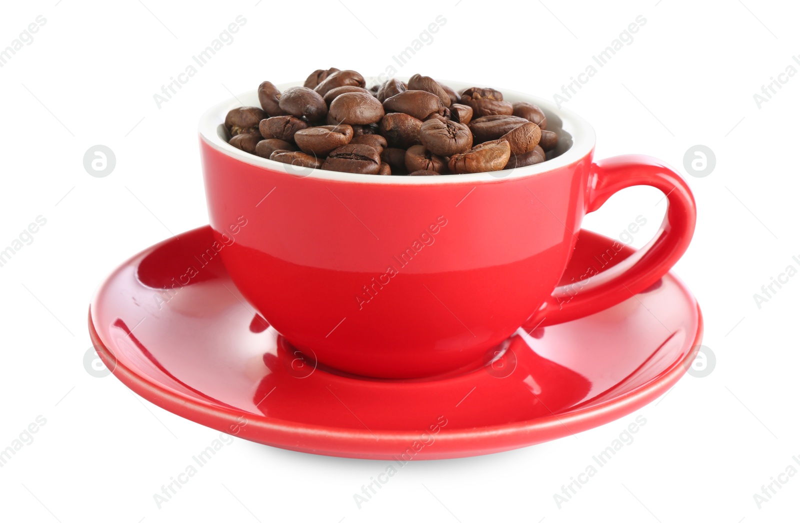 Ceramic cup with roasted coffee beans isolated on white Photo of Ceramic cup with roasted coffee beans isolated on white