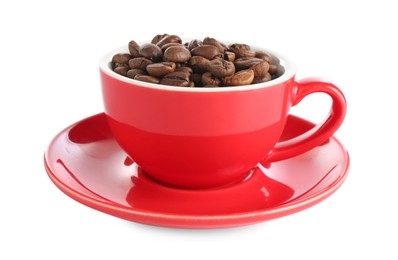 Photo of Ceramic cup with roasted coffee beans isolated on white