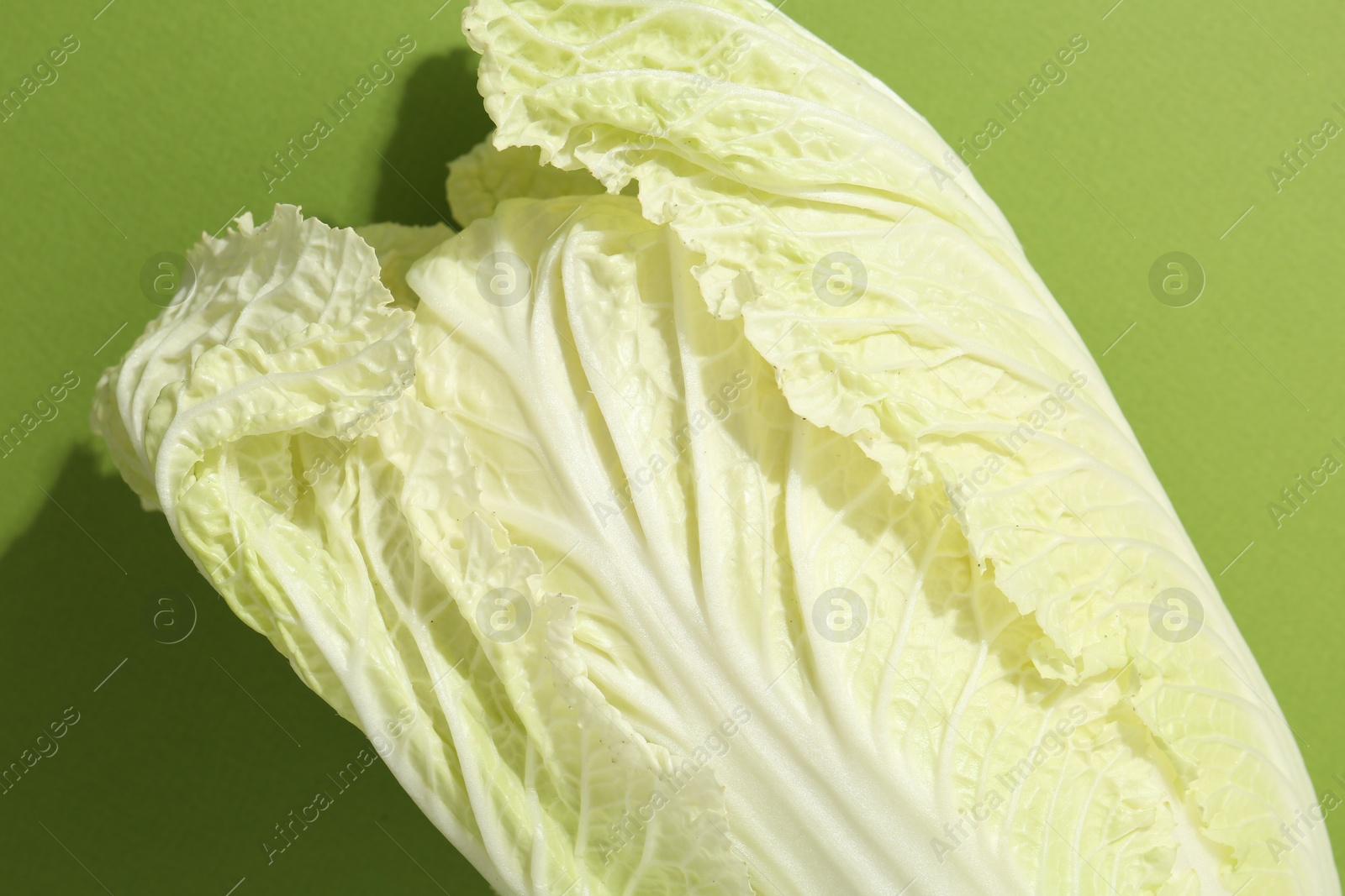 One fresh Chinese cabbage on green background, top view Photo of One fresh Chinese cabbage on green background, top view