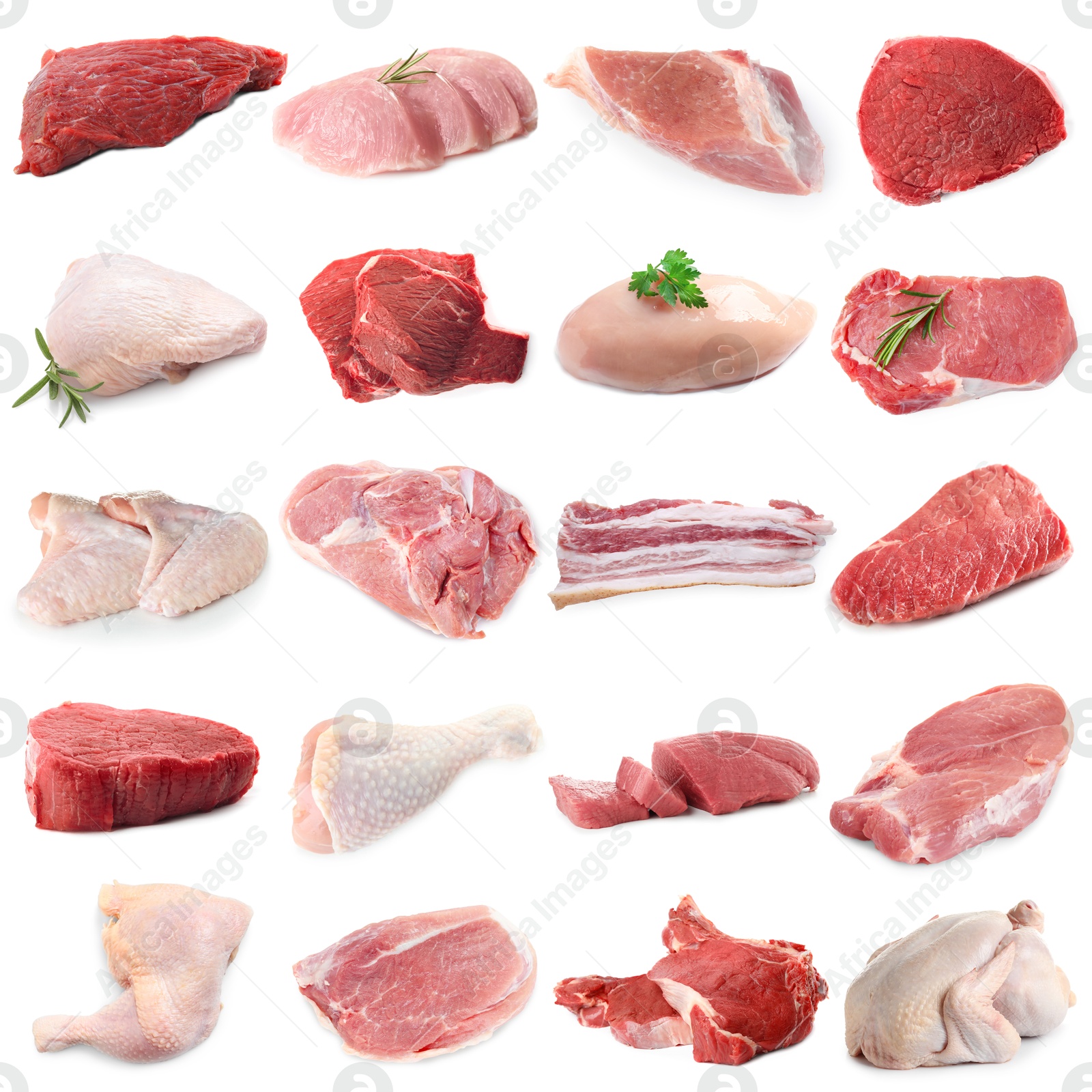 Different types of fresh raw meat isolated on white, collage. Beef, pork, chicken and veal Image of Different types of fresh raw meat isolated on white, collage. Beef, pork, chicken and veal