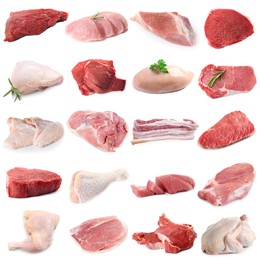 Image of Different types of fresh raw meat isolated on white, collage. Beef, pork, chicken and veal