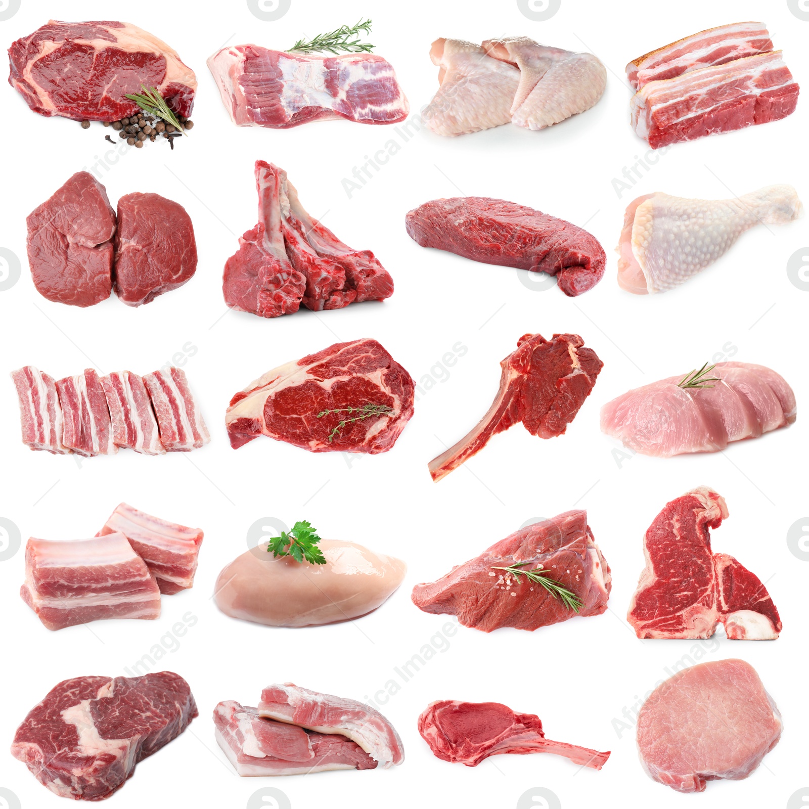 Different types of fresh raw meat isolated on white, collage. Beef, pork, chicken and veal Image of Different types of fresh raw meat isolated on white, collage. Beef, pork, chicken and veal