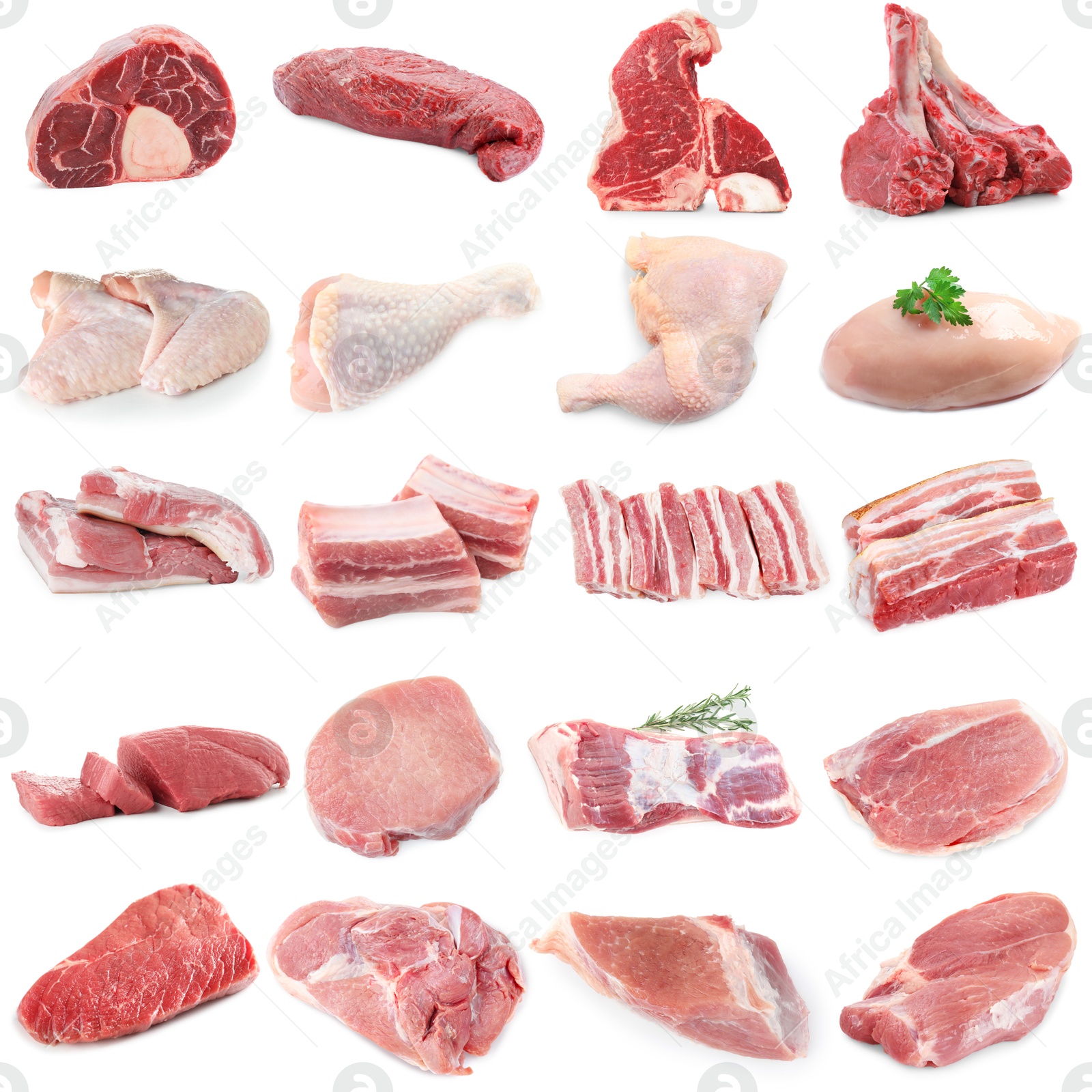Different types of fresh raw meat isolated on white, collage. Beef, pork, chicken and veal Image of Different types of fresh raw meat isolated on white, collage. Beef, pork, chicken and veal