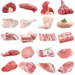 Image of Different types of fresh raw meat isolated on white, collage. Beef, pork, chicken and veal