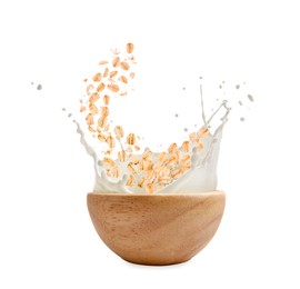 Image of Oats and milk splashing out from bowl on white background