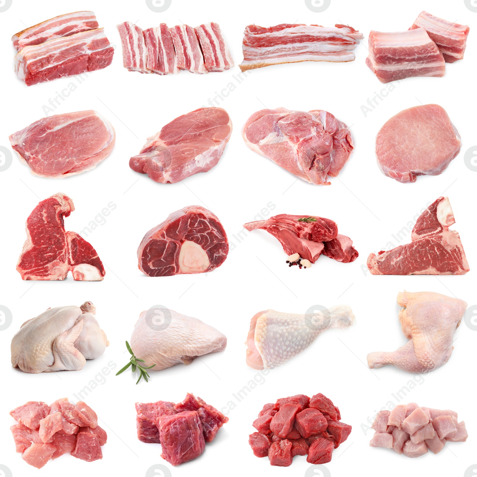 Different types of fresh raw meat isolated on white, collage. Beef, pork, chicken and veal Image of Different types of fresh raw meat isolated on white, collage. Beef, pork, chicken and veal