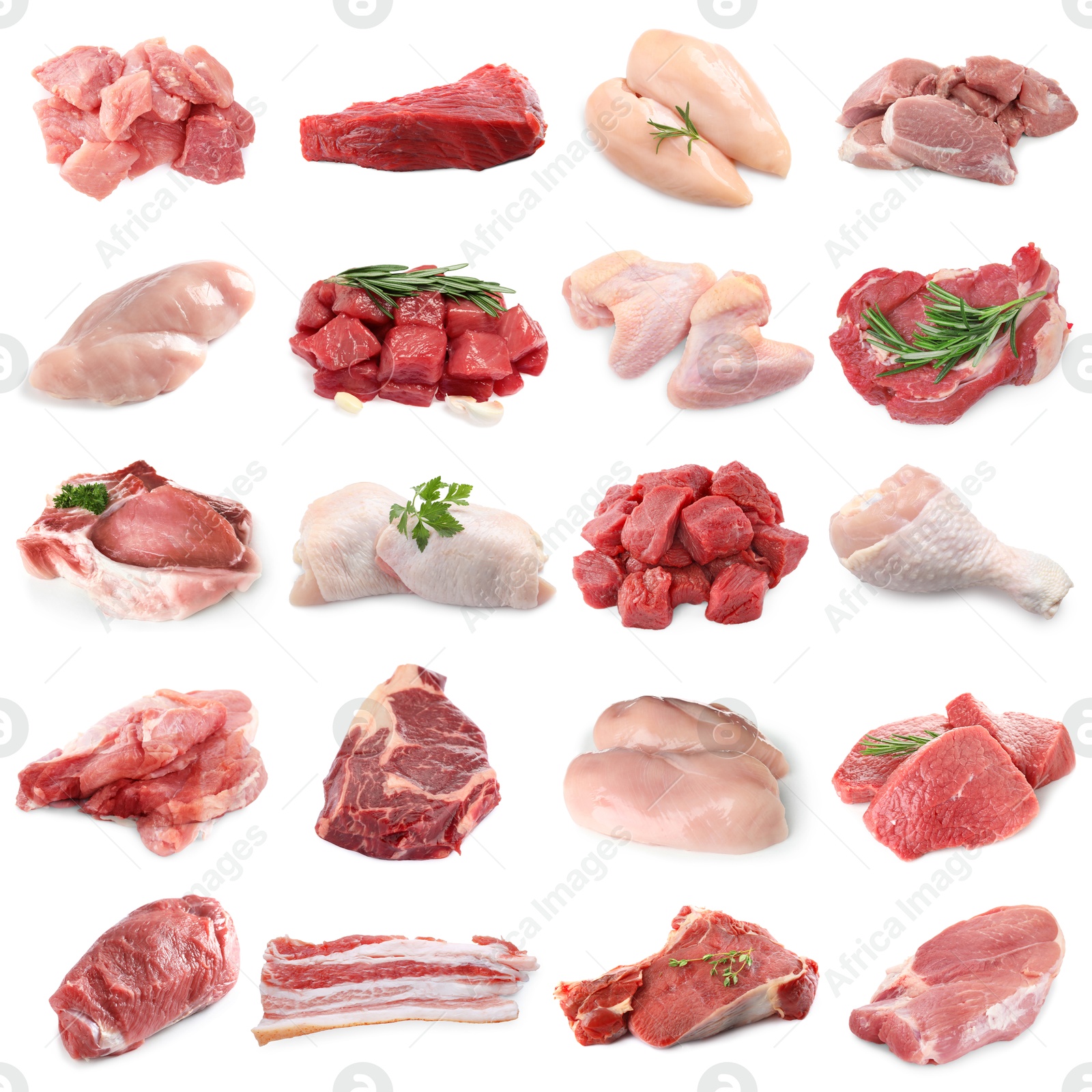 Different types of fresh raw meat isolated on white, collage. Beef, pork, chicken and veal Image of Different types of fresh raw meat isolated on white, collage. Beef, pork, chicken and veal