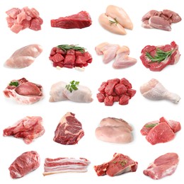 Image of Different types of fresh raw meat isolated on white, collage. Beef, pork, chicken and veal