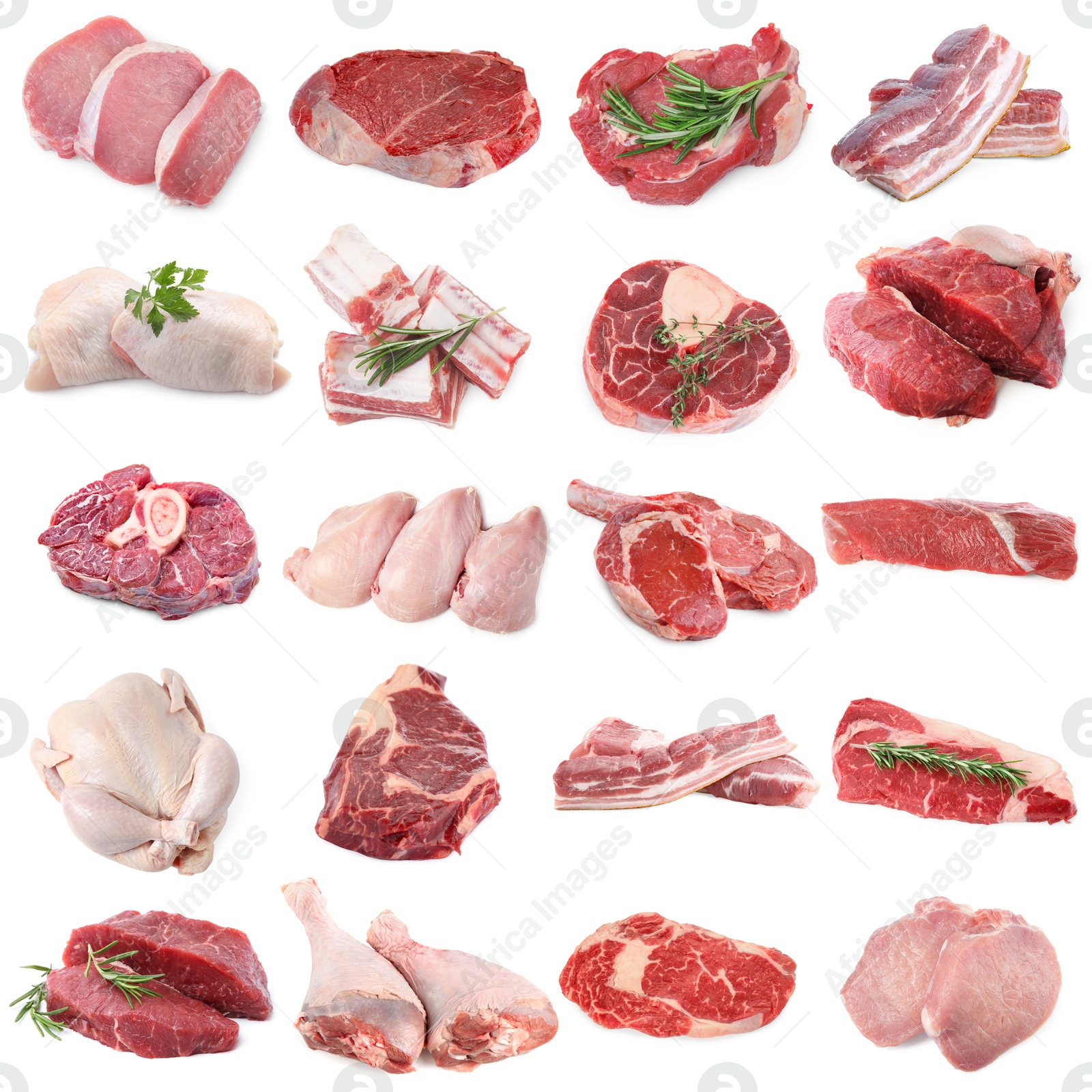 Different types of fresh raw meat isolated on white, collage. Beef, pork, chicken and veal Image of Different types of fresh raw meat isolated on white, collage. Beef, pork, chicken and veal