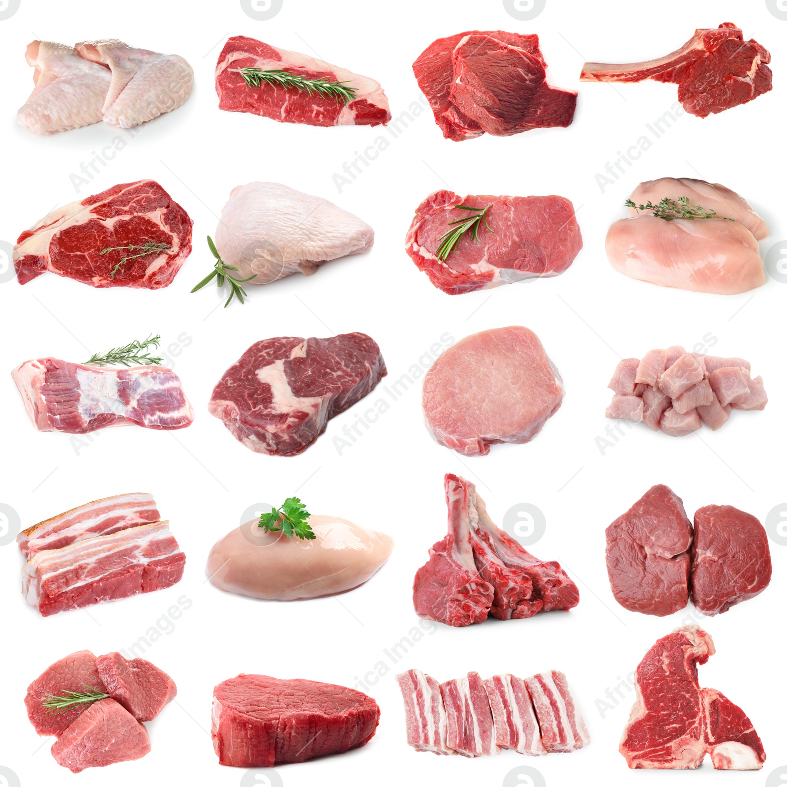 Different types of fresh raw meat isolated on white, collage. Beef, pork, chicken and veal Image of Different types of fresh raw meat isolated on white, collage. Beef, pork, chicken and veal