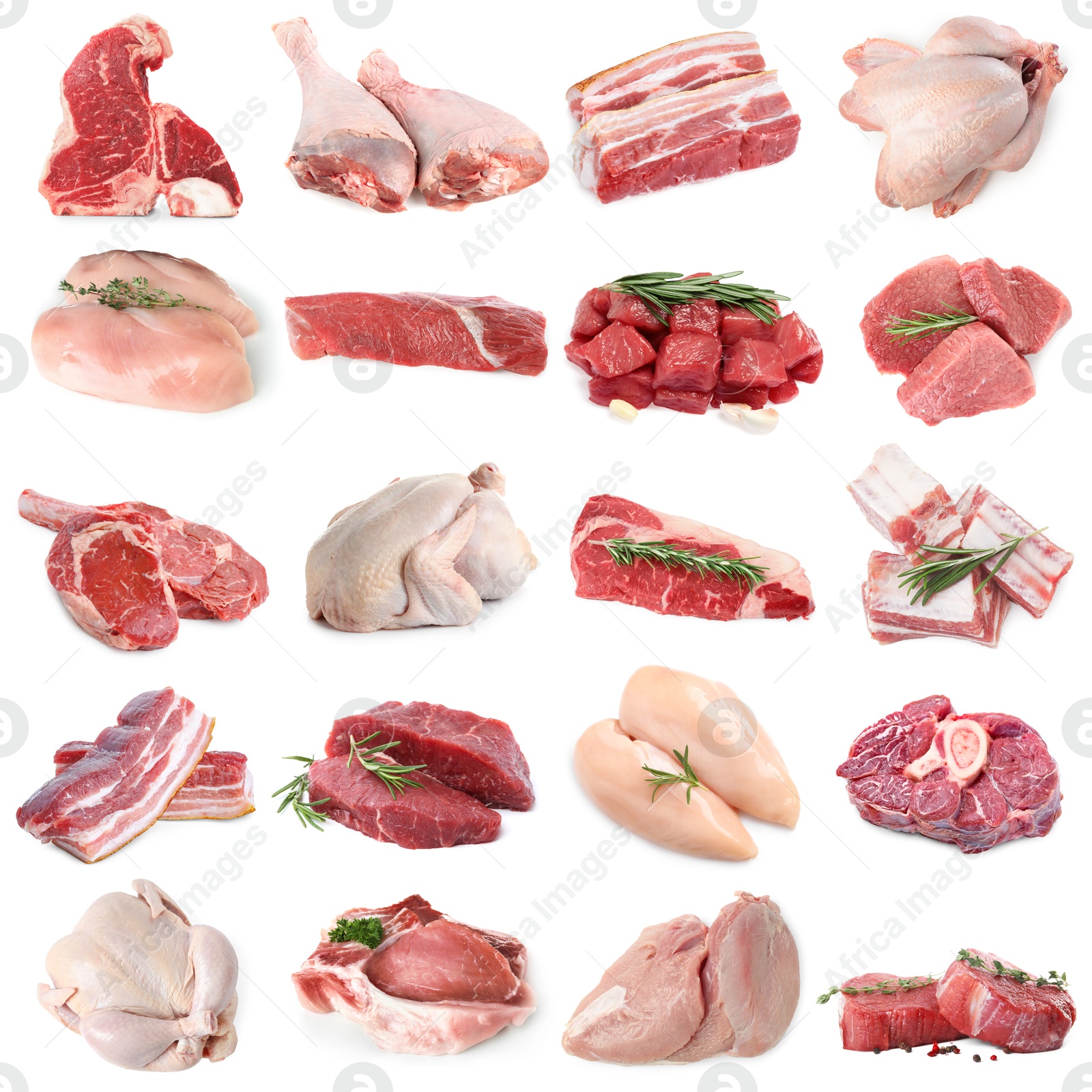 Different types of fresh raw meat isolated on white, collage. Beef, pork, chicken and veal Image of Different types of fresh raw meat isolated on white, collage. Beef, pork, chicken and veal