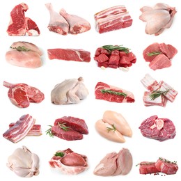 Image of Different types of fresh raw meat isolated on white, collage. Beef, pork, chicken and veal