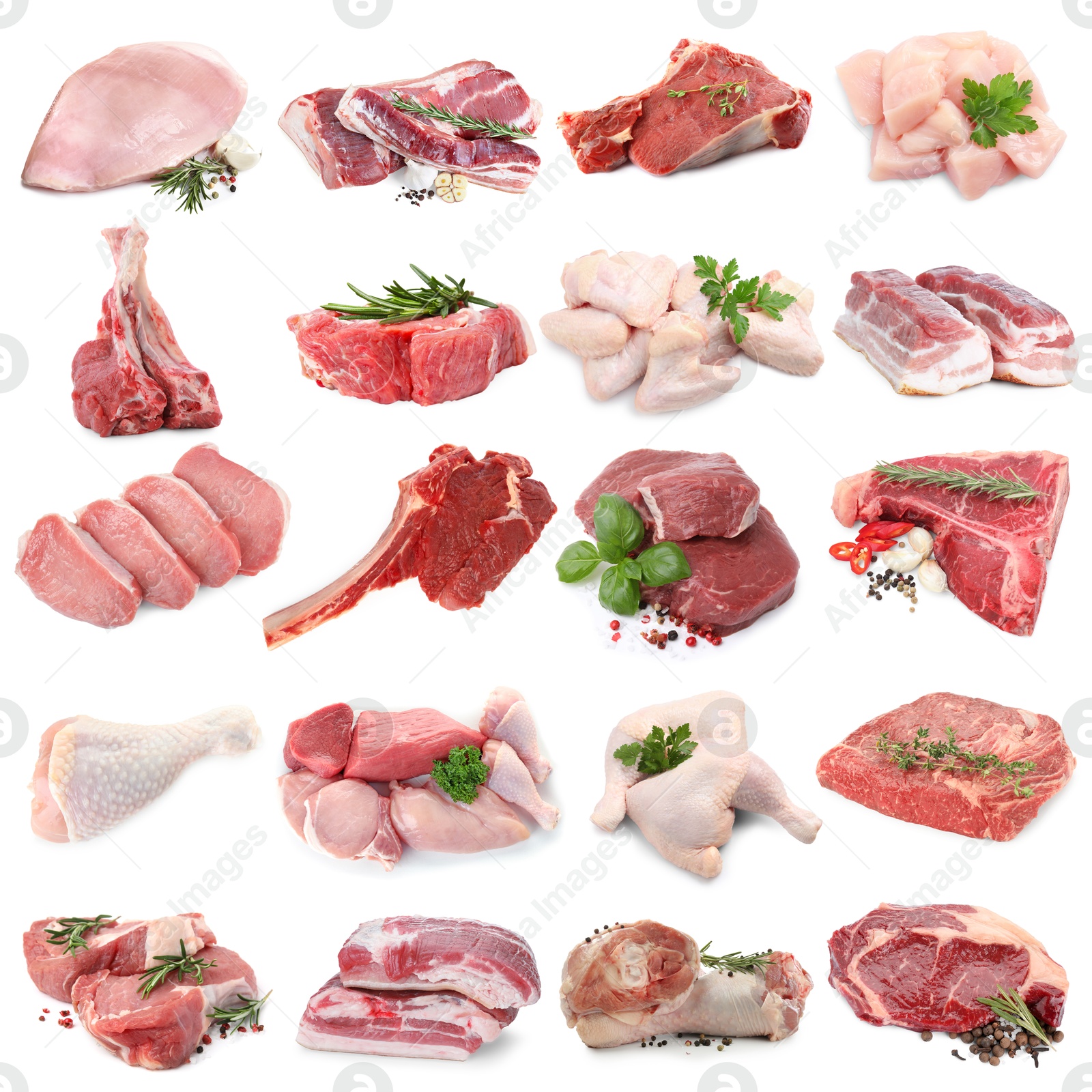 Different types of fresh raw meat isolated on white, collage. Beef, pork, chicken and veal Image of Different types of fresh raw meat isolated on white, collage. Beef, pork, chicken and veal