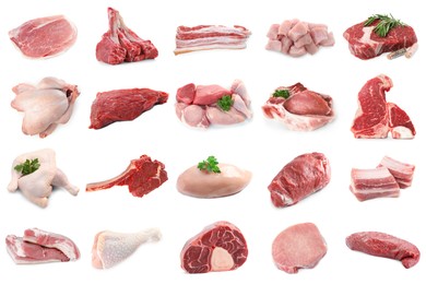Image of Different types of fresh raw meat isolated on white, collage. Beef, pork, chicken and veal