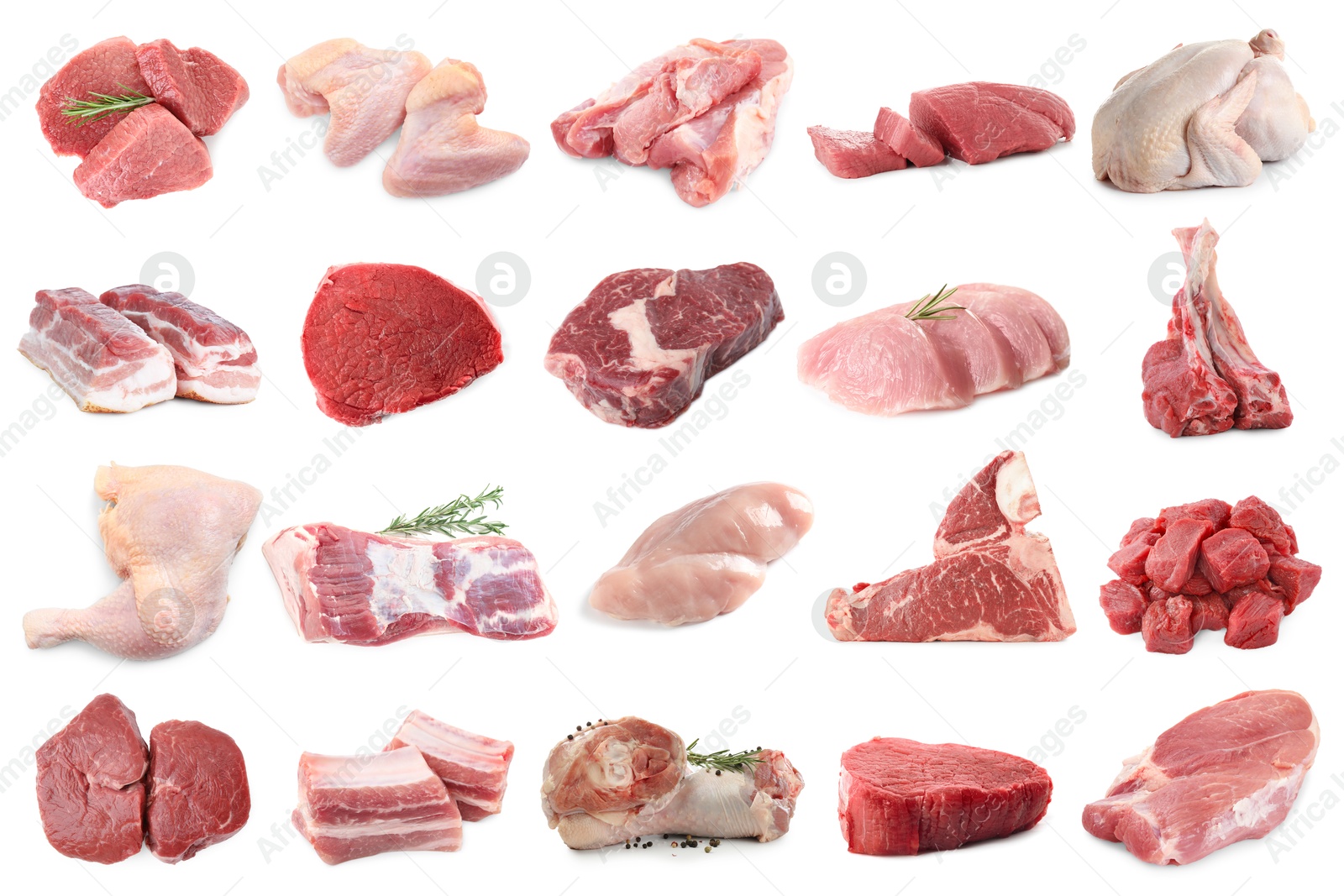 Different types of fresh raw meat isolated on white, collage. Beef, pork, chicken and veal Image of Different types of fresh raw meat isolated on white, collage. Beef, pork, chicken and veal