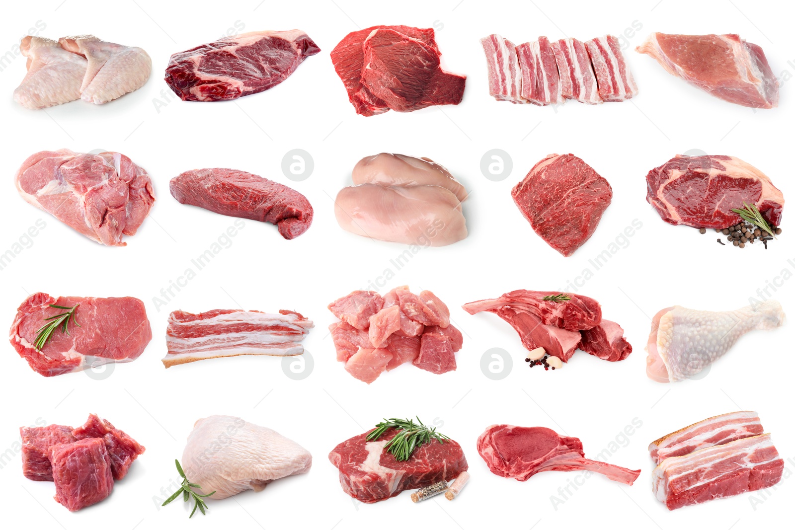 Different types of fresh raw meat isolated on white, collage. Beef, pork, chicken and veal Image of Different types of fresh raw meat isolated on white, collage. Beef, pork, chicken and veal