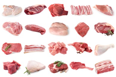 Image of Different types of fresh raw meat isolated on white, collage. Beef, pork, chicken and veal