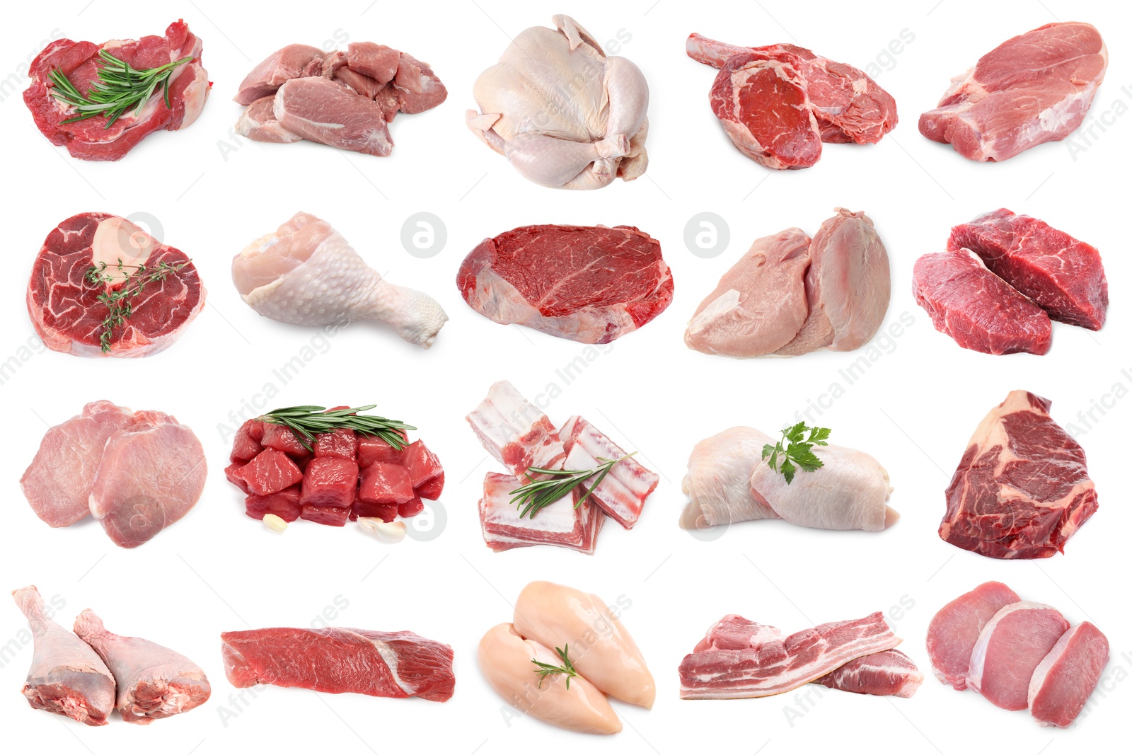 Different types of fresh raw meat isolated on white, collage. Beef, pork, chicken and veal Image of Different types of fresh raw meat isolated on white, collage. Beef, pork, chicken and veal
