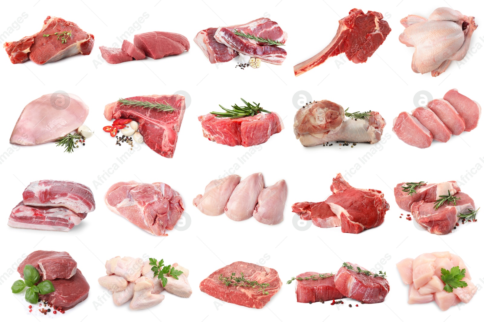 Different types of fresh raw meat isolated on white, collage. Beef, pork, chicken and veal Image of Different types of fresh raw meat isolated on white, collage. Beef, pork, chicken and veal
