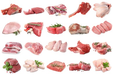 Image of Different types of fresh raw meat isolated on white, collage. Beef, pork, chicken and veal