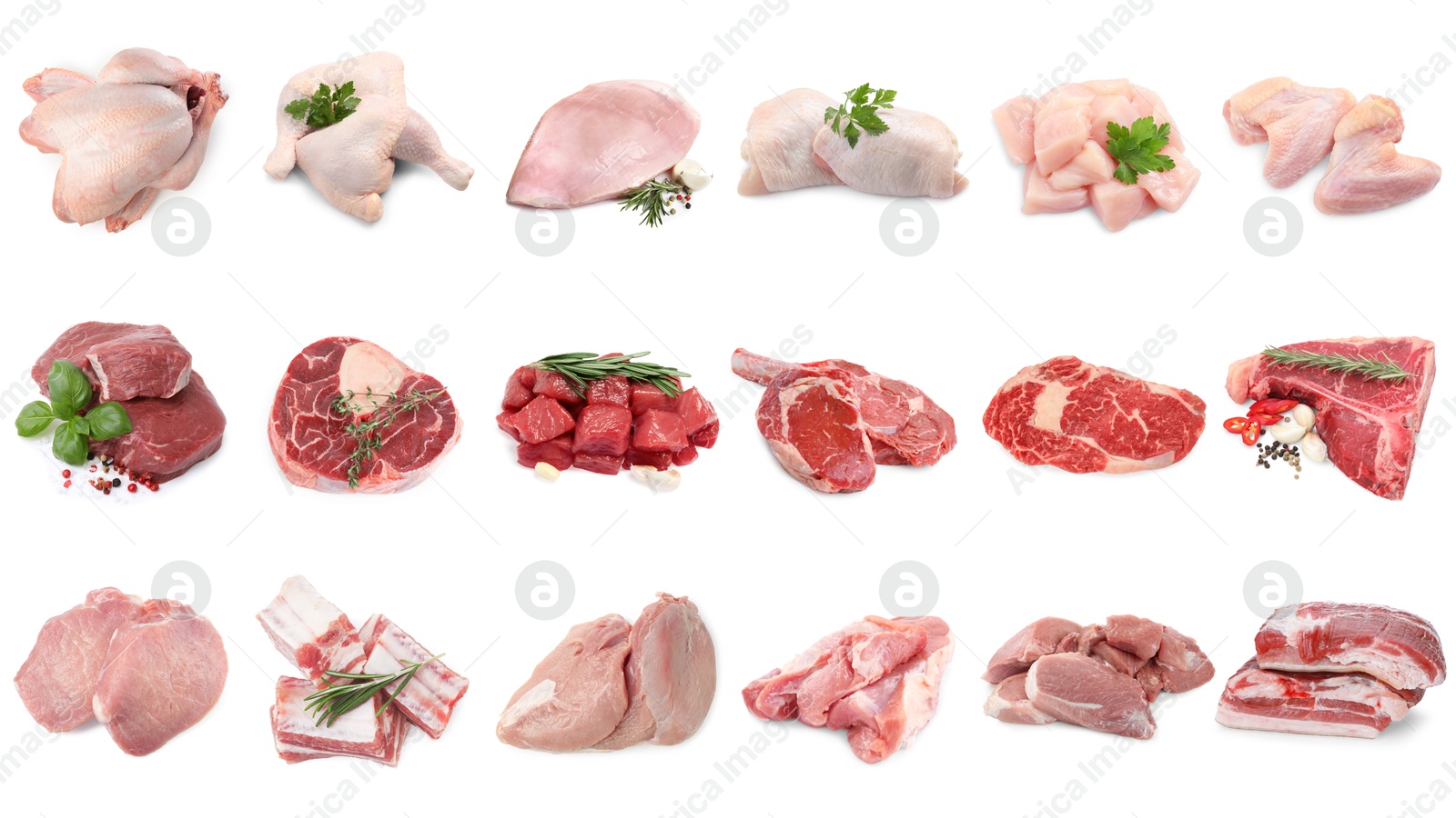 Different types of fresh raw meat isolated on white, collage. Beef, pork, chicken and veal Image of Different types of fresh raw meat isolated on white, collage. Beef, pork, chicken and veal