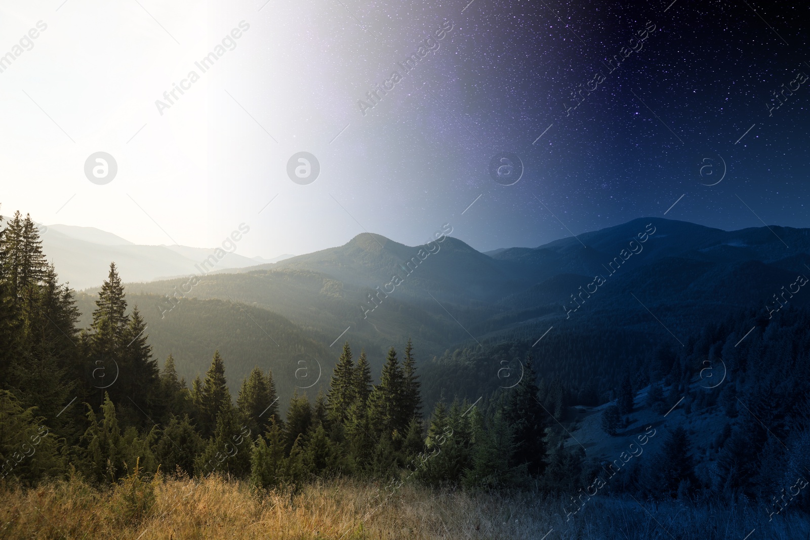 Beautiful mountains with forest by day and night, combined design Image of Beautiful mountains with forest by day and night, combined design