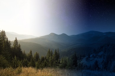 Image of Beautiful mountains with forest by day and night, combined design
