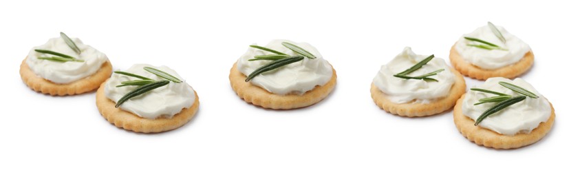 Image of Delicious crackers with cream cheese and rosemary isolated on white, collage